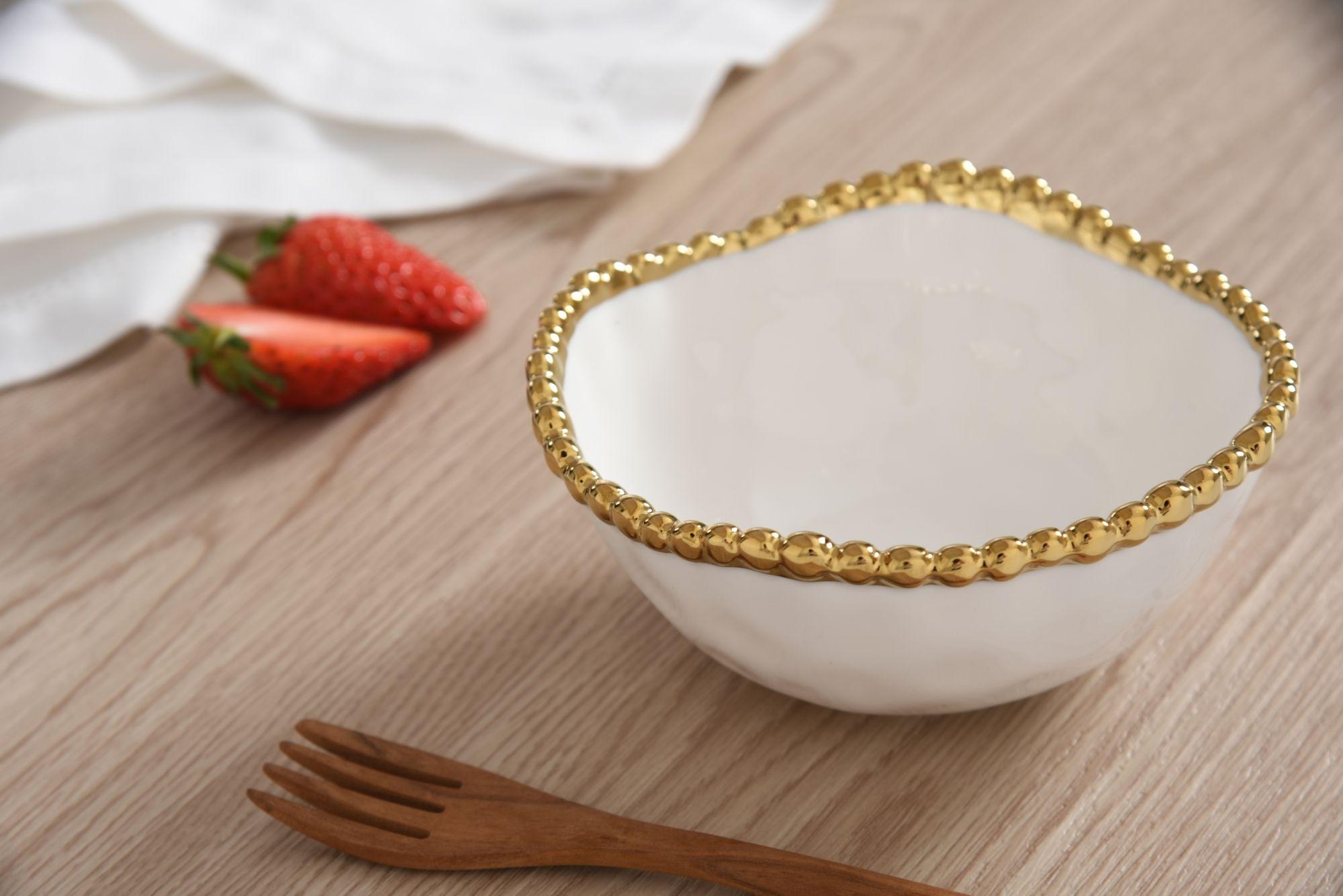 Bowl - Round Snack Bowl - White with Gold Beads
