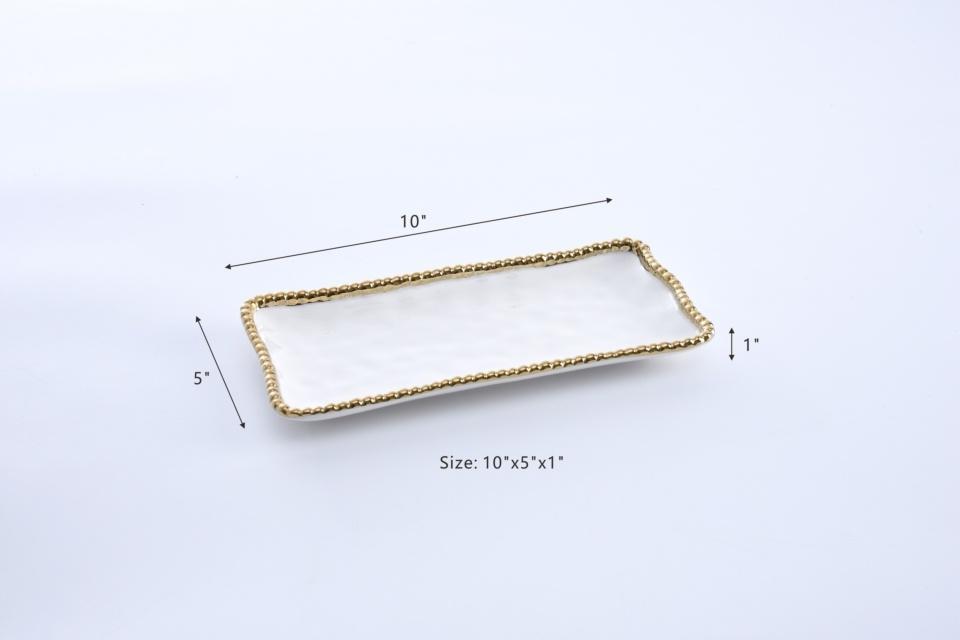 Tray - Rectangular - White with Gold Beads - Small