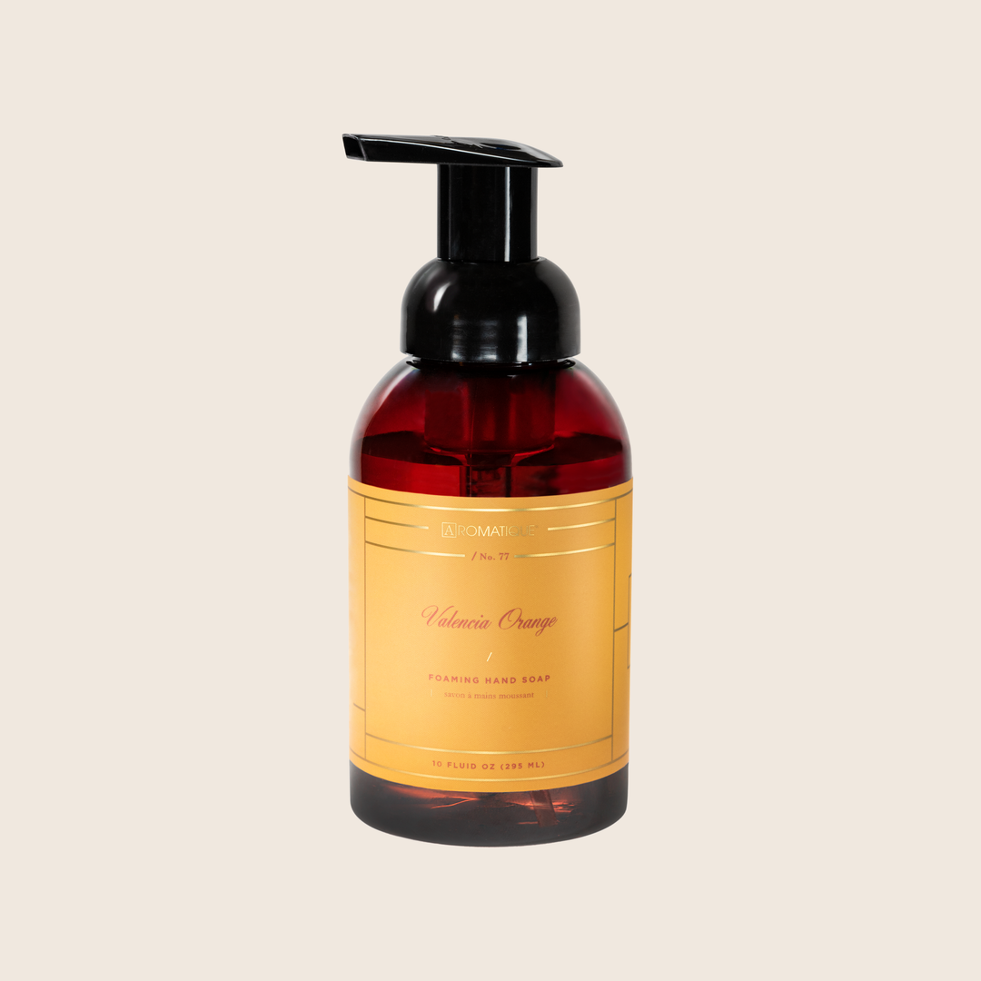 Brown bottle of soap filled with Valencia Orange liquid hand soap 