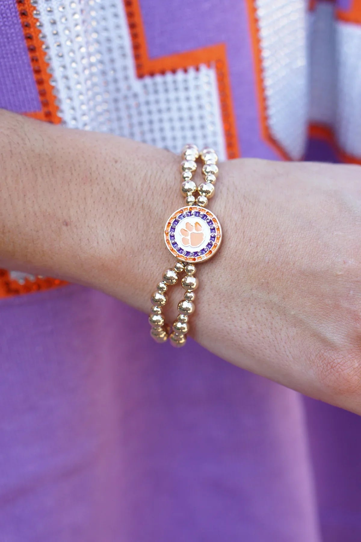 Clemson Tigers Pave Disc 2 Row Ball Bead Bracelet
