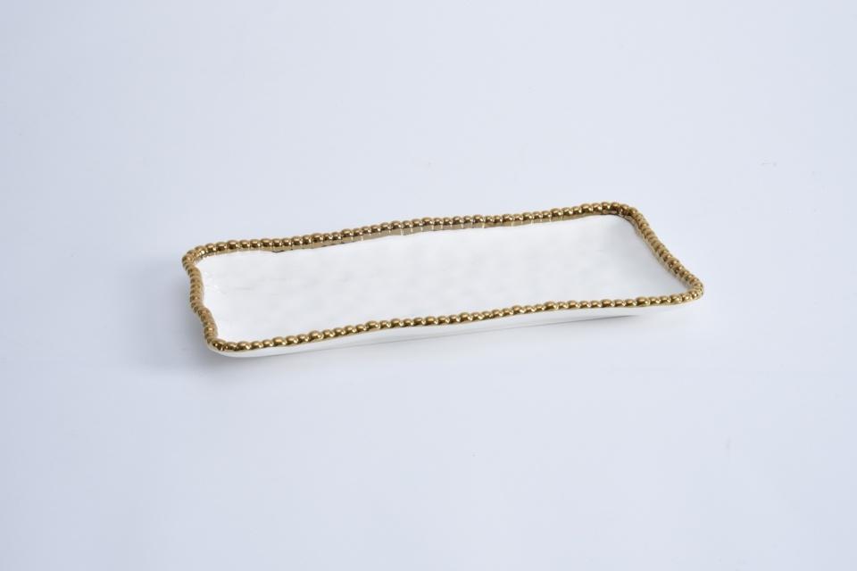 Tray - Porcelain - Medium - Rectangular - White w/ Gold Beads
