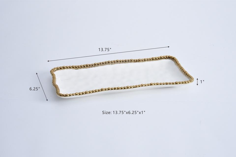Tray - Porcelain - Medium - Rectangular - White w/ Gold Beads
