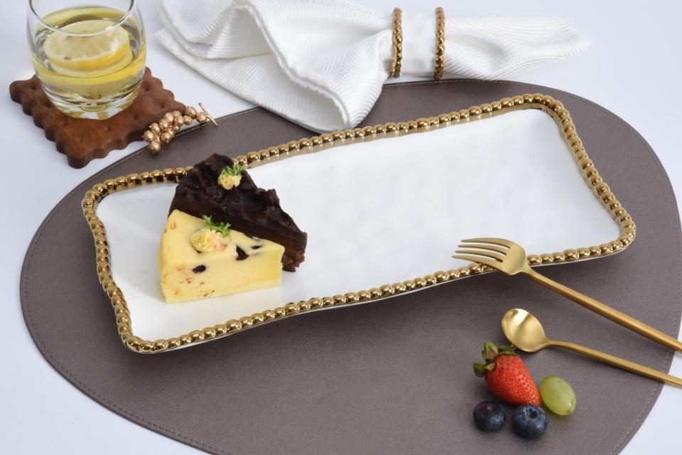 Tray - Porcelain - Medium - Rectangular - White w/ Gold Beads