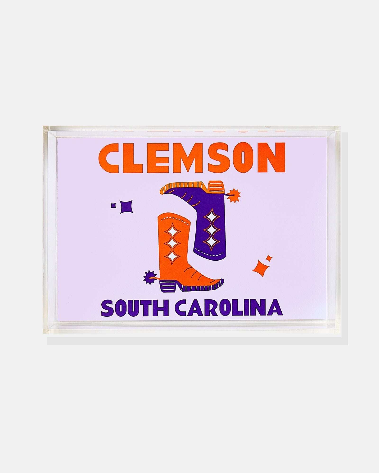Acrylic Tray with 'Clemson South Carolina' text and boots on a light purple background