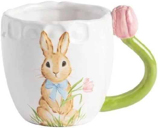 Ceramic mug with a rabbit design and tulip handle on a white background