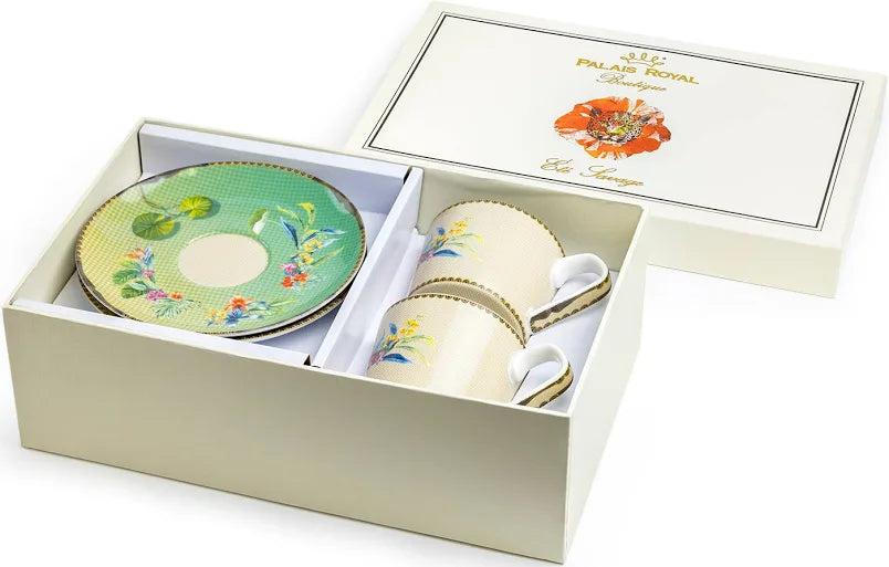 Ceramic tea set with floral design in a 'Palace Royal' box on a white background