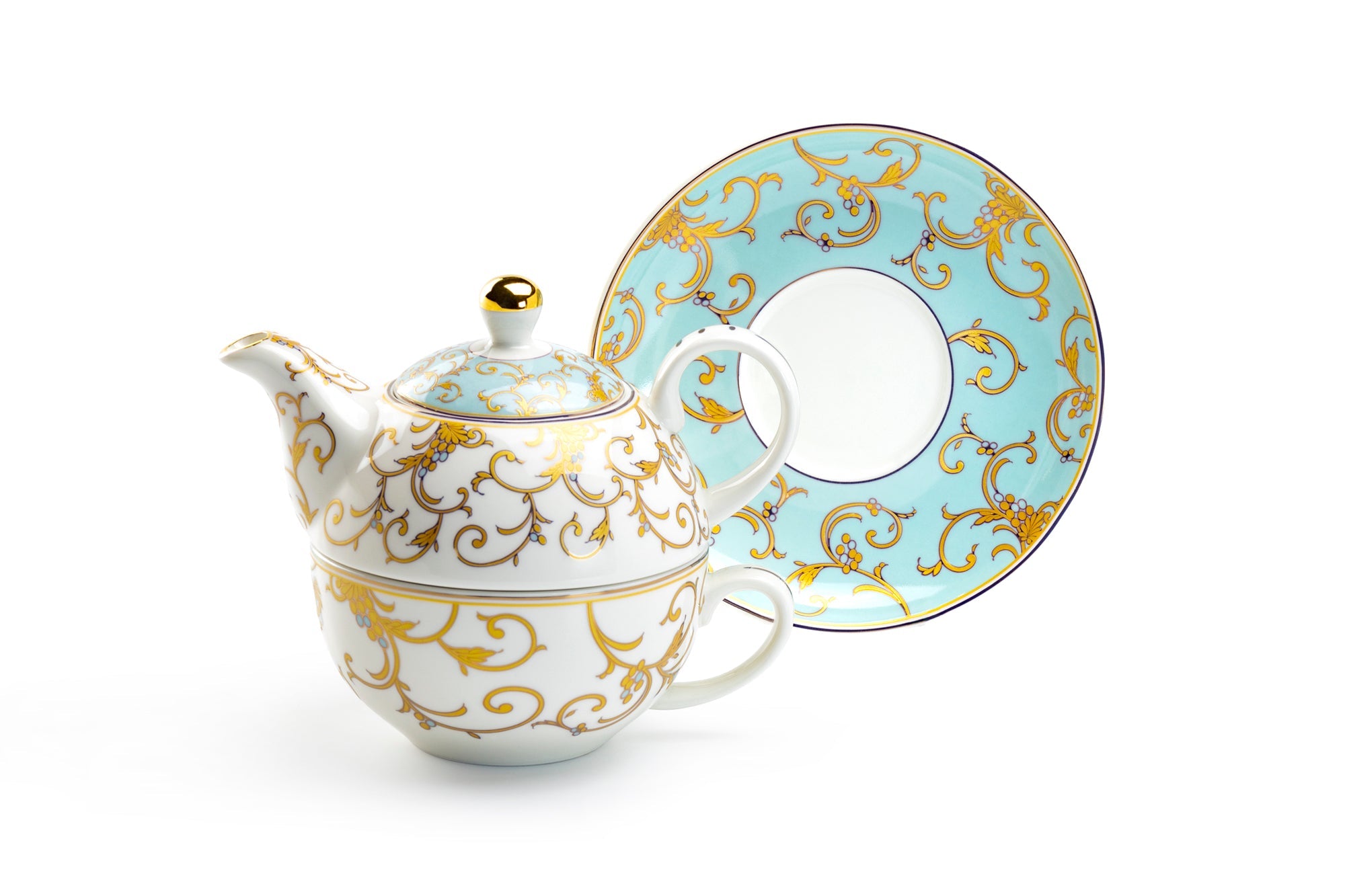 Home Decor - Mint Gold Scroll - Fine Porcelain - Tea for One