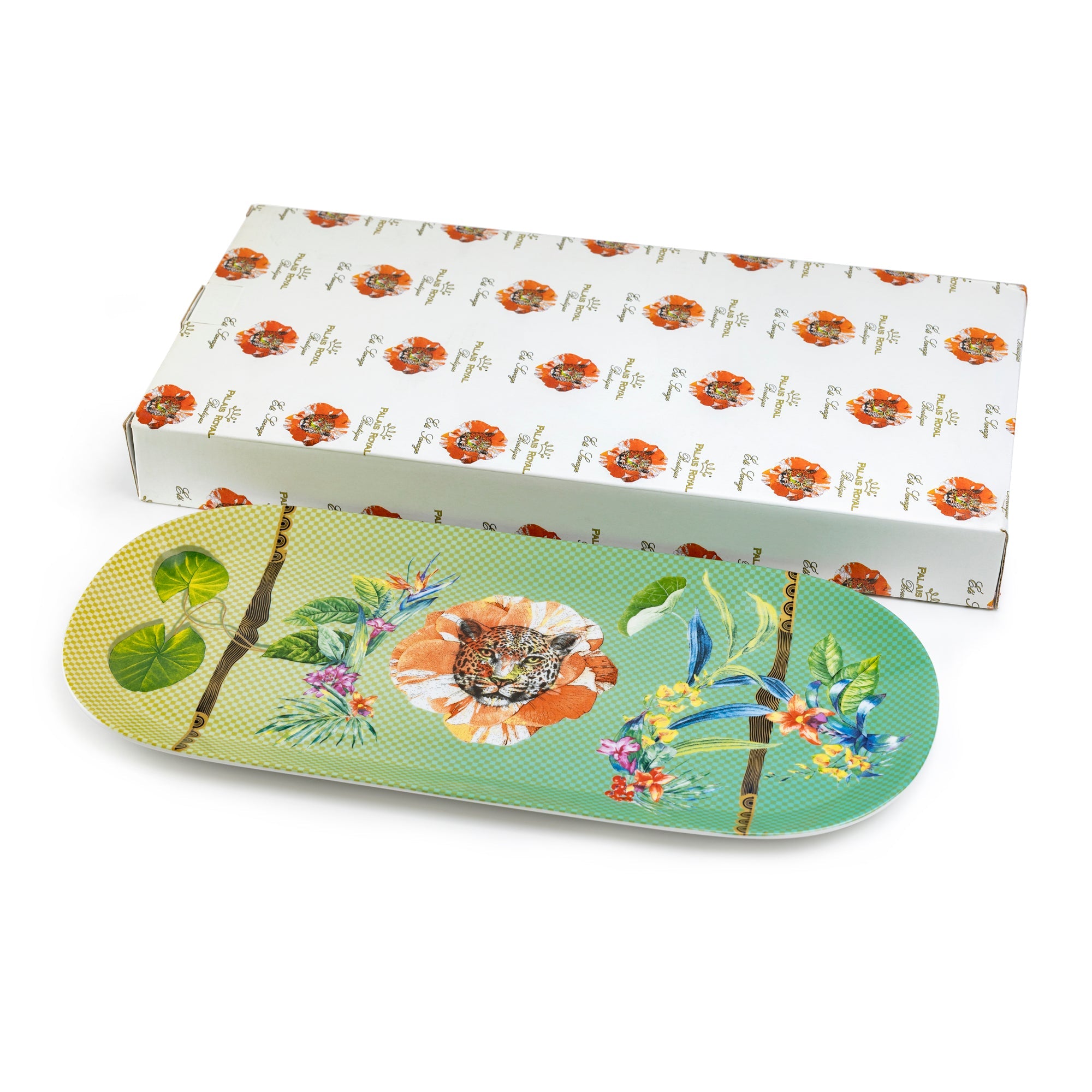 Decorative tray with floral design on a white background