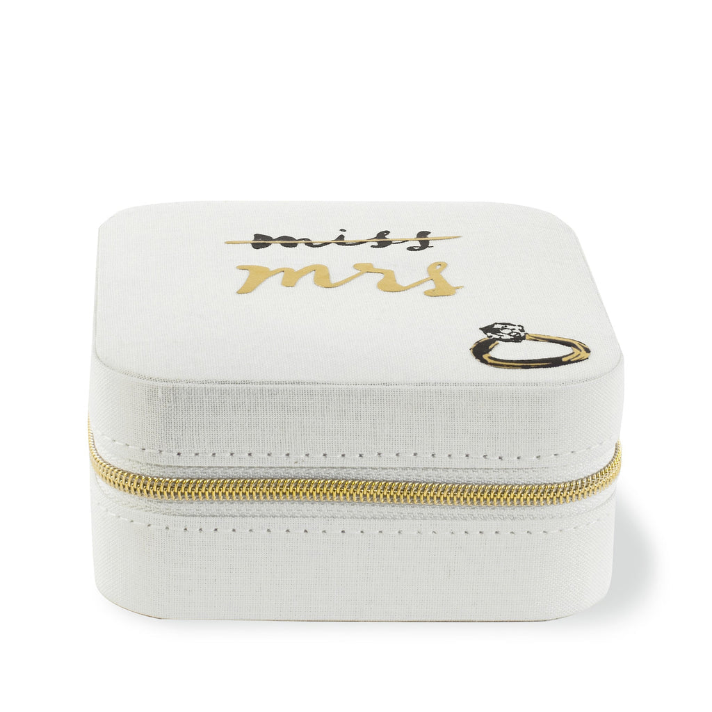 White jewelry box with 'Miss' and 'Mrs.' text and a gold zipper on a white background