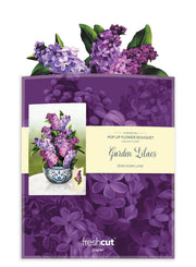 Purple floral card with a pop-up flower bouquet design featuring garden lilacs.