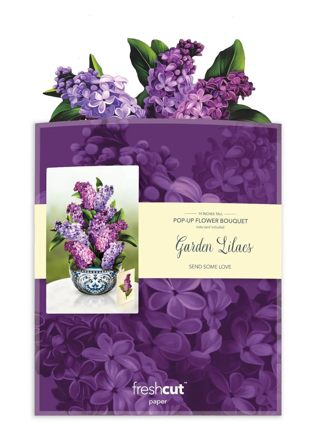 Purple floral card with a pop-up flower bouquet design featuring garden lilacs.