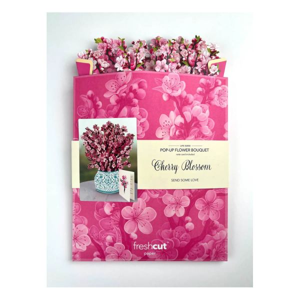 Pop-up flower bouquet packaging with cherry blossom design on a white background
