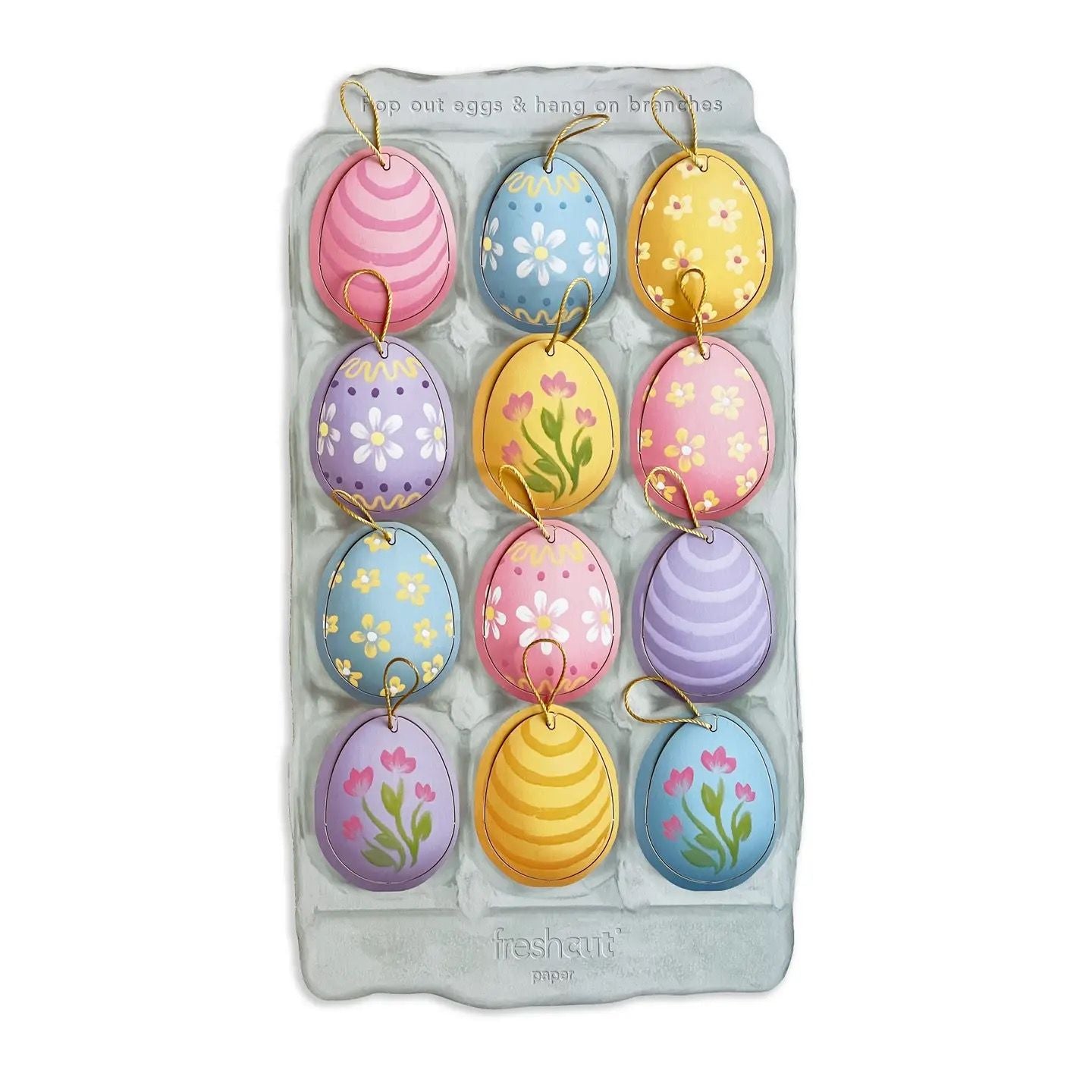 Set of colorful Easter egg-shaped decorations in a packaging tray.