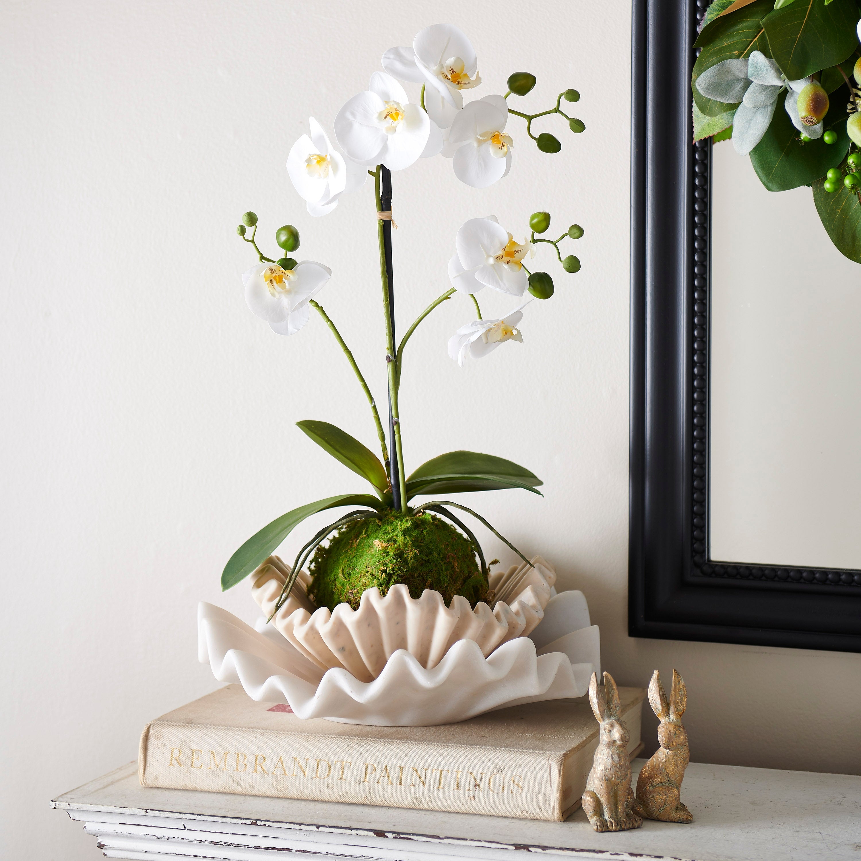 Home Decor - Faux White Orchid with Moss Ball - 23.75”