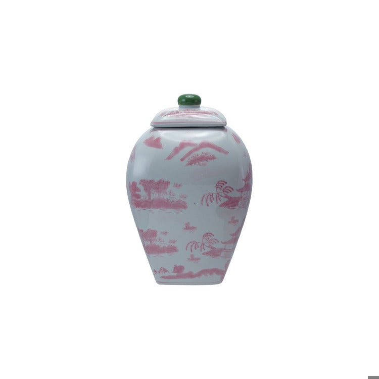 Home - Ginger Jar - Pink and Green - 8”Sq x 12-1/4”H