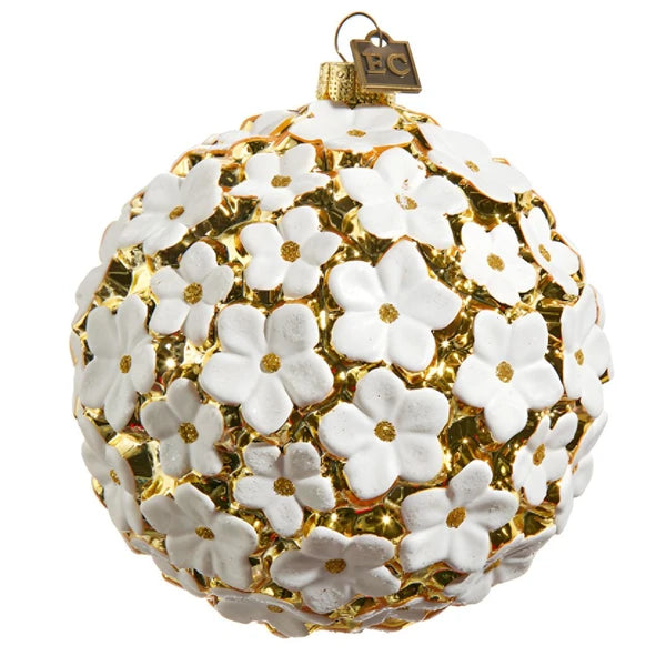 White & Gold Blossom Ball Christmas Ornament - 4 Inch