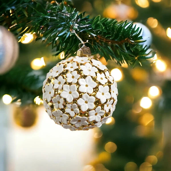 White & Gold Blossom Ball Christmas Ornament - 4 Inch