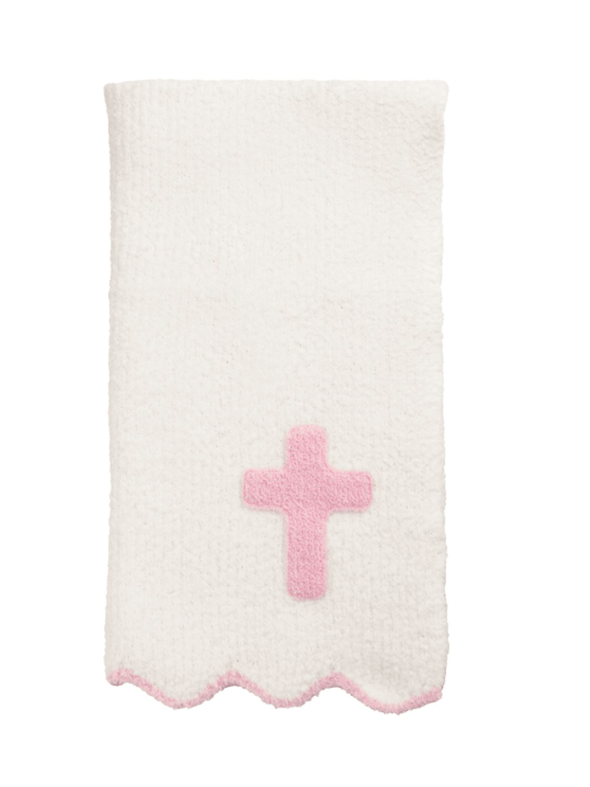 White knitted blanket with a pink cross on a white background