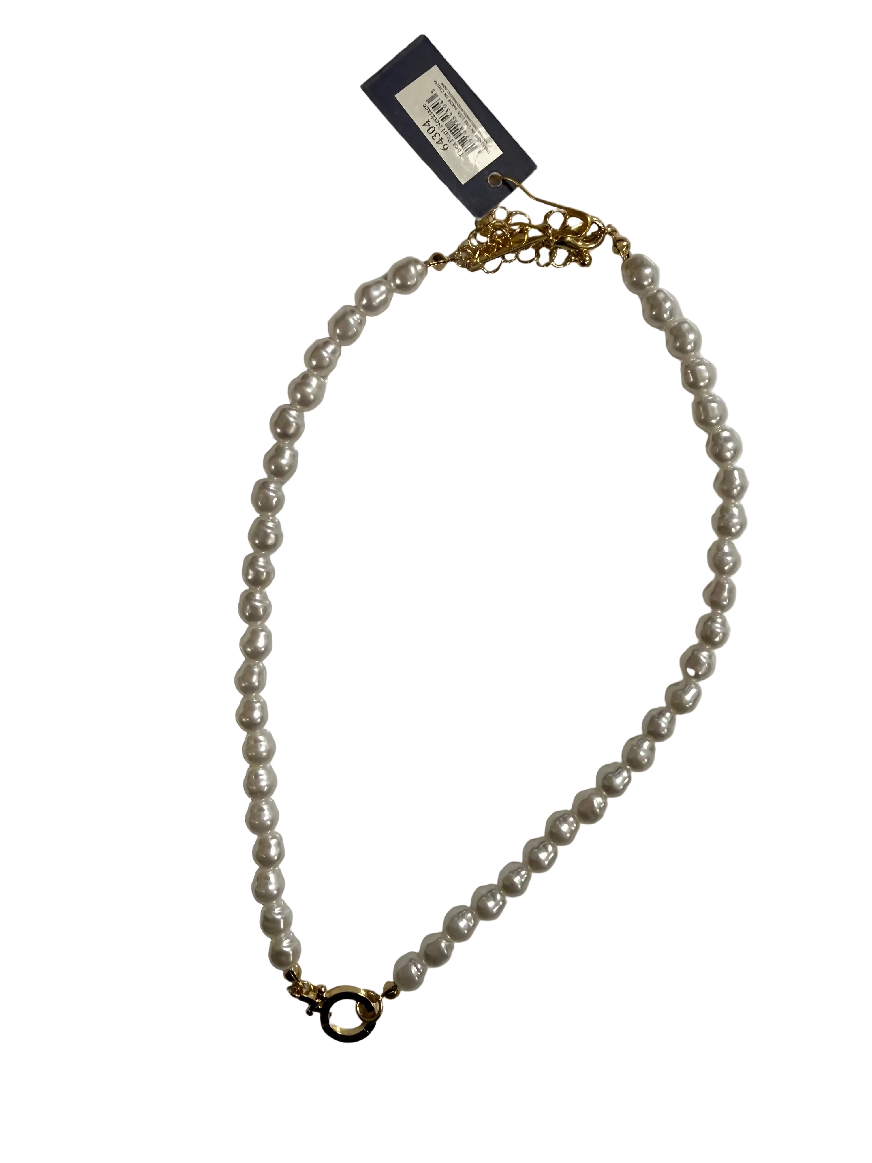 Pearl necklace with gold clasp on a white background