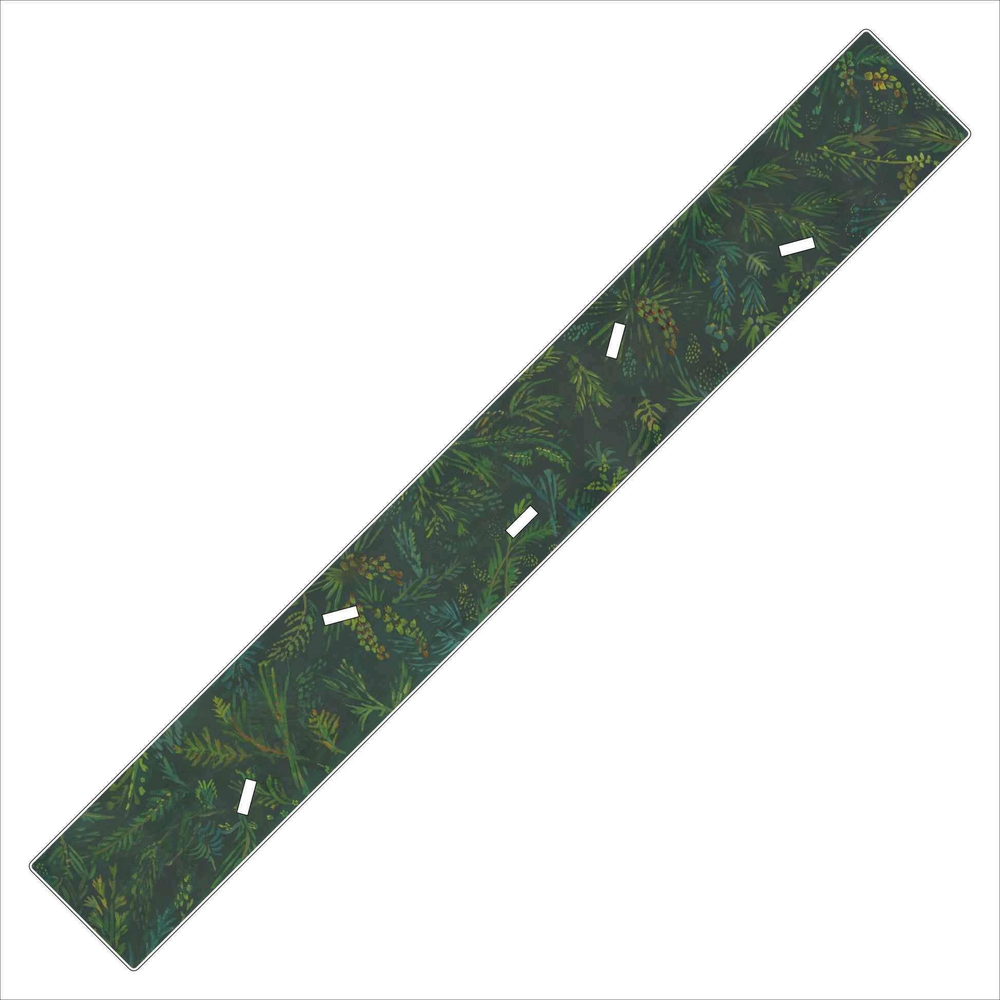 Long rectangular green mat with a leaf pattern on a white background
