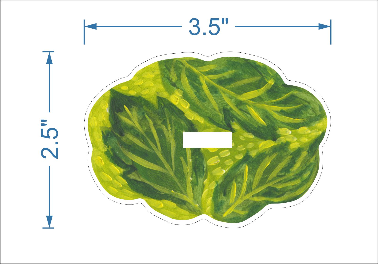 Green leaf-shaped object with measurements on a white background