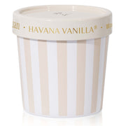 Ice cream container candle with 'Havana Vanilla' branding on a white background