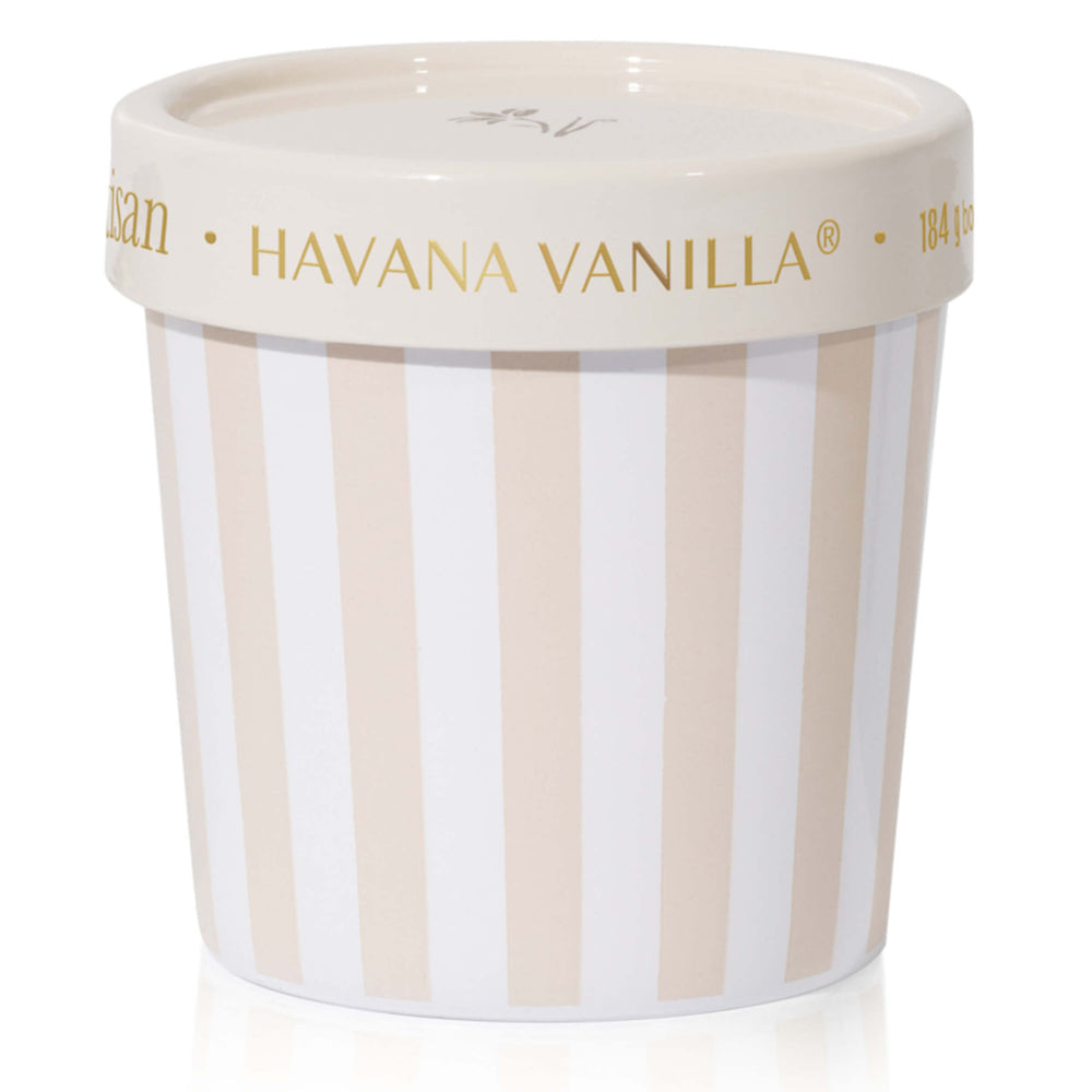 Ice cream container candle with 'Havana Vanilla' branding on a white background