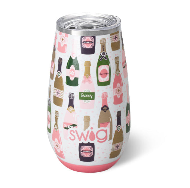 Stemless wine glass with champagne bottle design on a white background