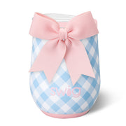 Stemless wine glass with blue gingham pattern and pink bow on a white background