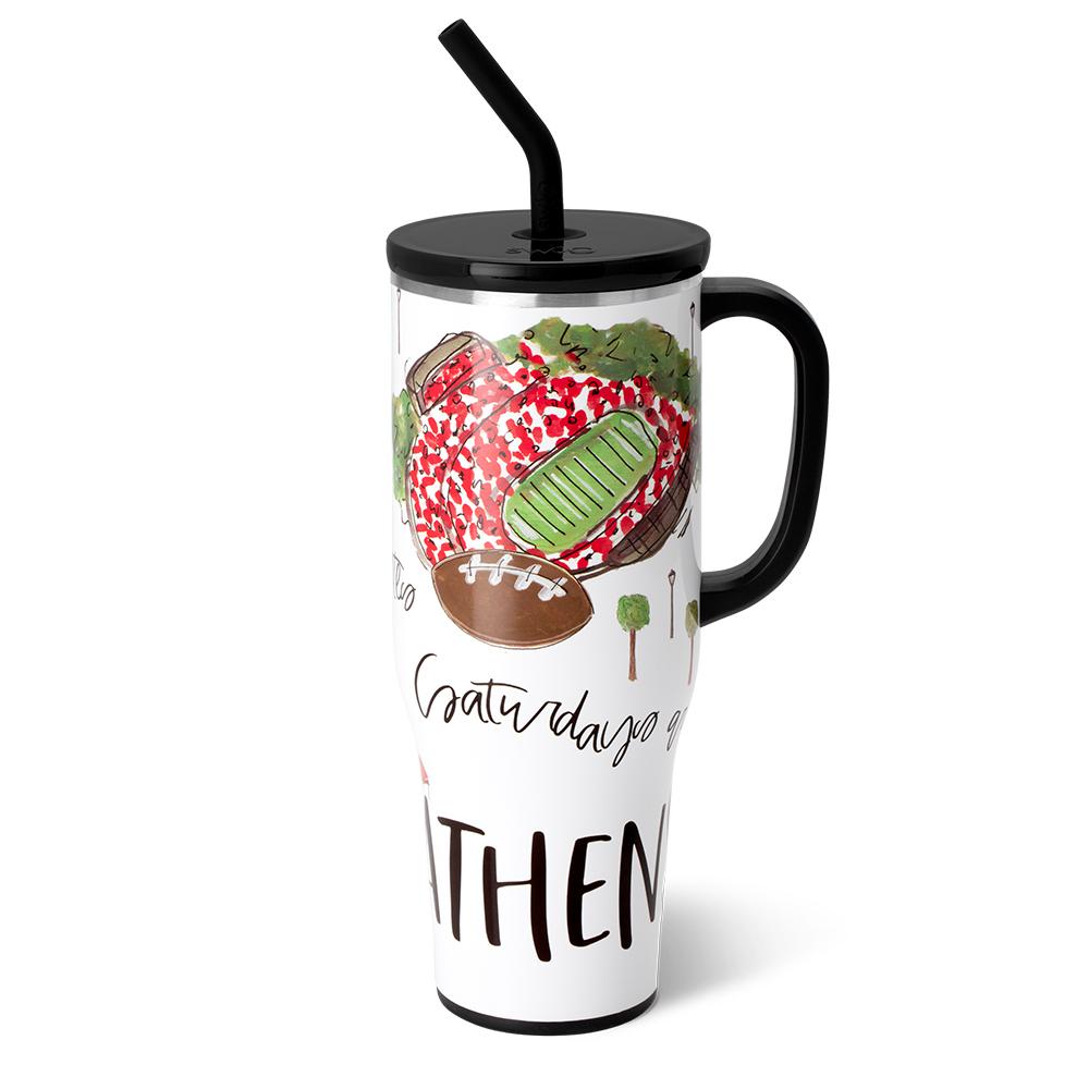 Travel mug with football design and text on a white background