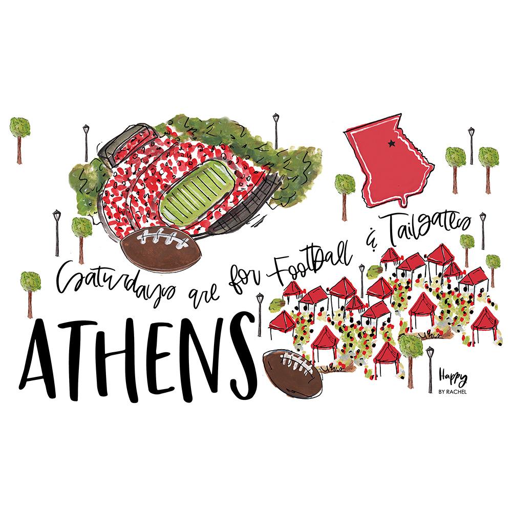 Illustration of a stadium, football, and houses with text 'Athens' and 'Saturdays are for Football & Tailgating'.