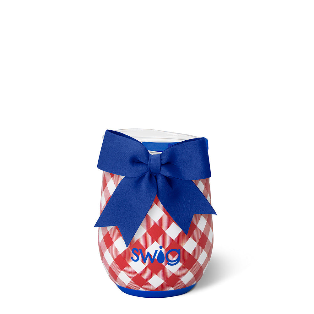 Red and white check wine tumbler with blue bow on a white background 