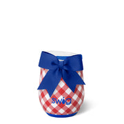 Red and white check wine tumbler with blue bow on a white background 