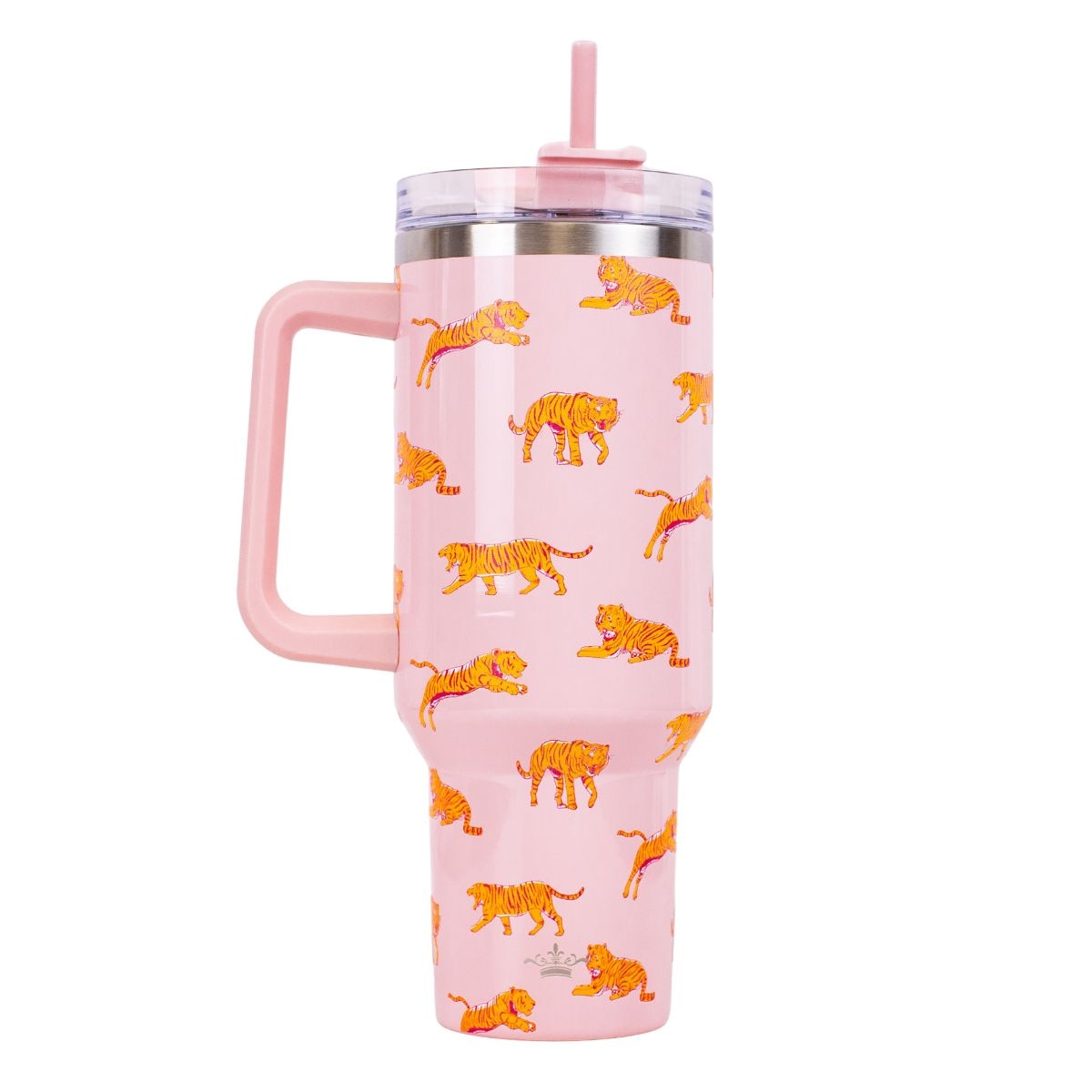 Pink drink tumbler with orange tigers on a white background 