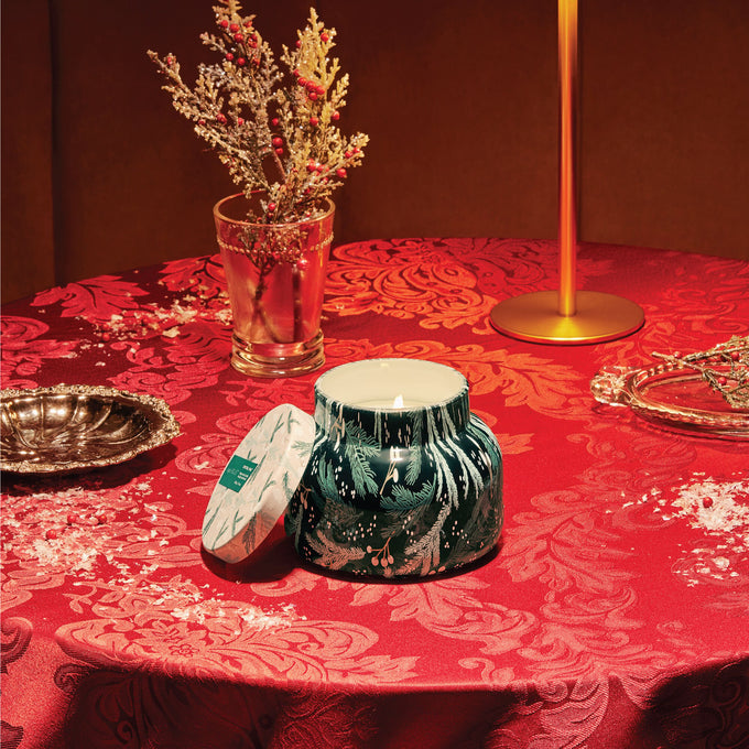Seasonal - Candle - Crystal Pine - 8 oz. Jar - sitting on red tablecloth 