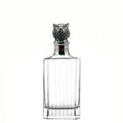 white background product shot): "Tiger crystal whiskey decanter with sculpted tiger stopper — lead-free glass barware"