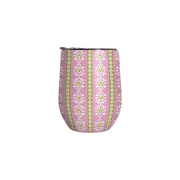 Pink tumbler with green and white pattern on a white background