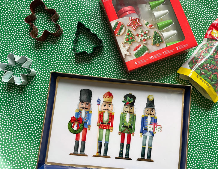 Seasonal - rectangular Tray - 4 painted Nutcracker design   - 8”x12”  - on green tablecloth with other holiday decor 
