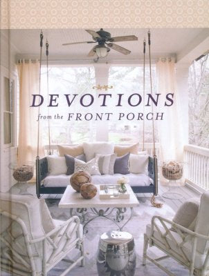 Living room with 'Devotions from the Front Porch' text overlay
