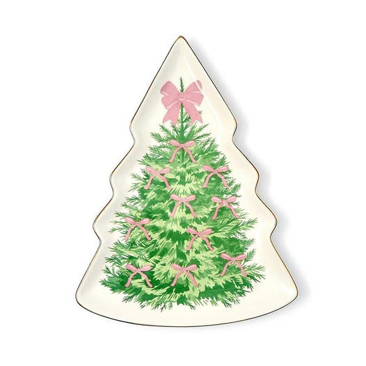Seasonal - Serving Plate - Bow-tiful Christmas Tree shaped platter.  Green tree with pink bows.  