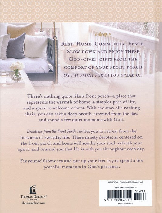Back cover of a book with text and a scenic image of a porch.