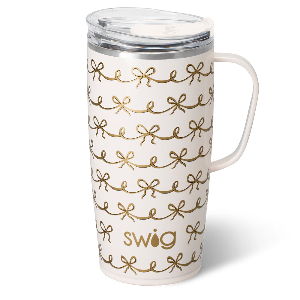 Mug - Travel - Pretty in Pearl - 22oz.- white mug has gold bows with a lid top and a handle 