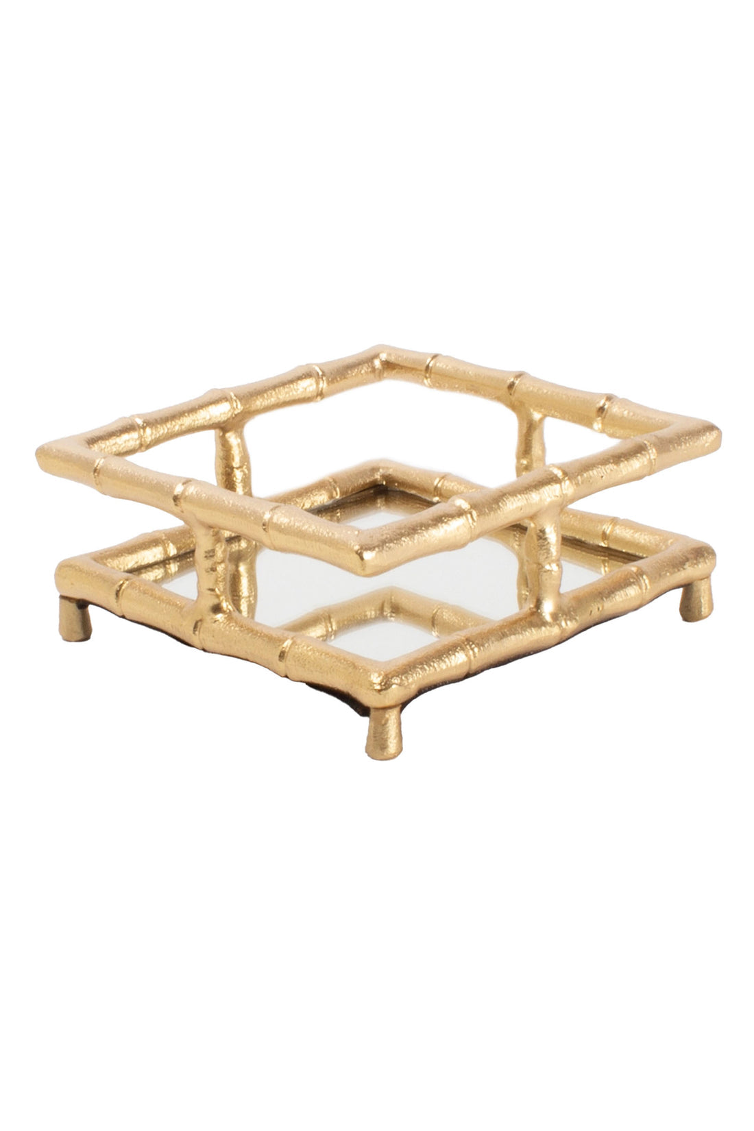 Napkin Holder - Cocktail - Bamboo - Gold- gold napkin holder with mirrored bottom is in front of a white background