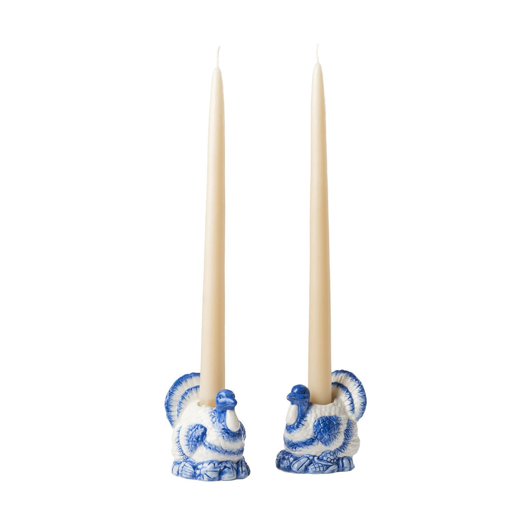 Seasonal - Blue & White Turkey Candle Holder Set