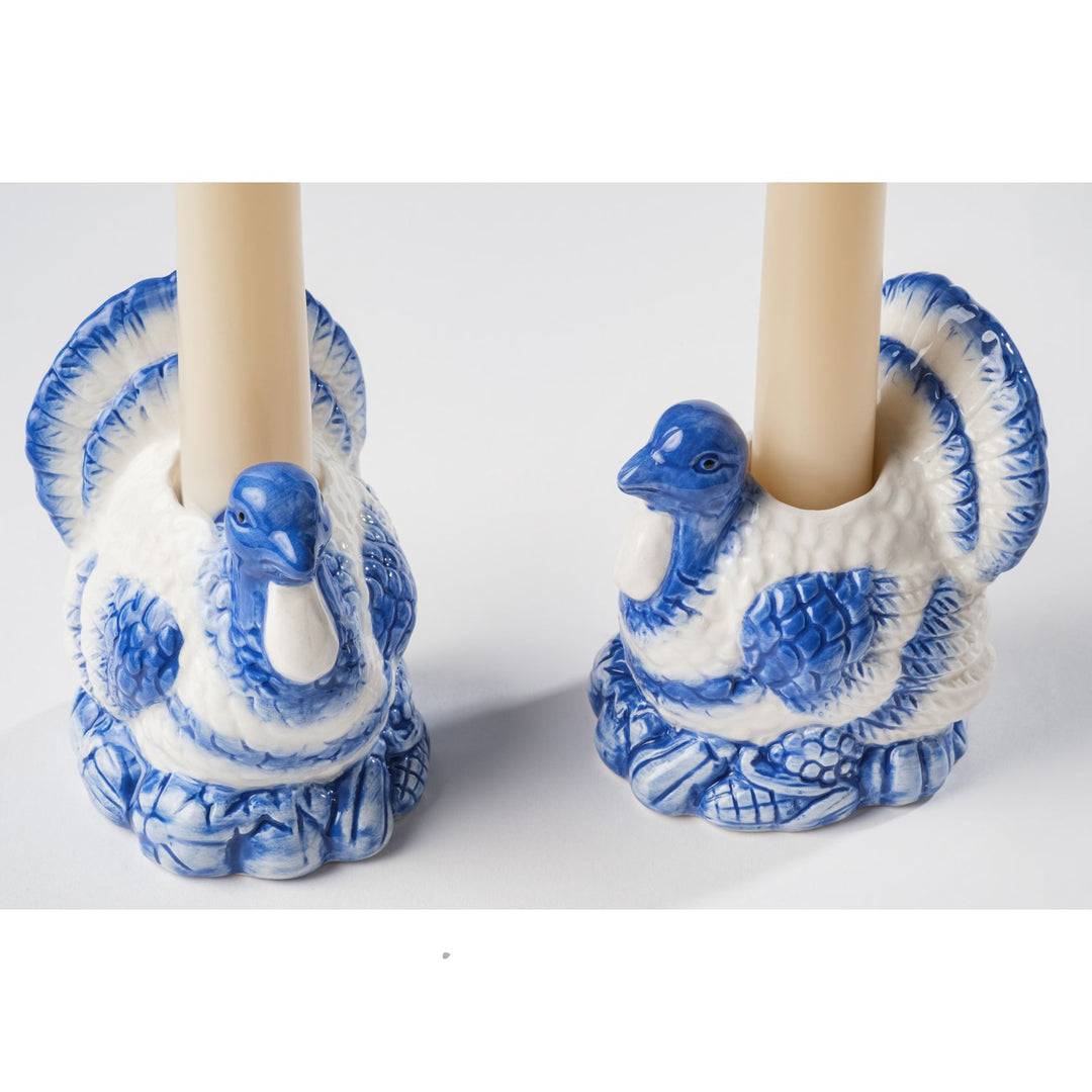 Seasonal - Blue & White Turkey Candle Holder Set