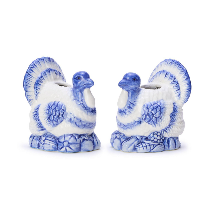 Seasonal - Blue & White Turkey Candle Holder Set
