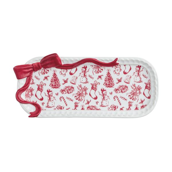 Seasonal - Plate - Bow Toile Everything tray.  Red bow on a white tray with red and white decoration 