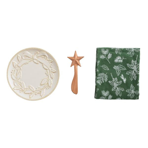 Seasonal - Plate Set - Appetizer - Wreath with Spreader and Napkin.  Photo shows all 3 items spaced out separately.  