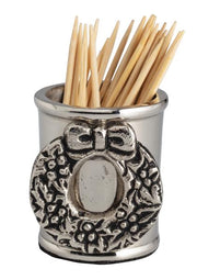 Seasonal - silver Toothpick Holder - wreath design with wooden toothpicks in the container 