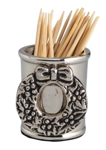 Seasonal - silver Toothpick Holder - wreath design with wooden toothpicks in the container 